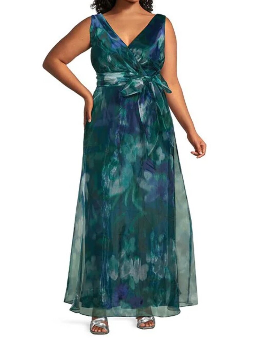 R&M Richards Peacock Green Blue Chiffon Maxi Dress Size 18 New